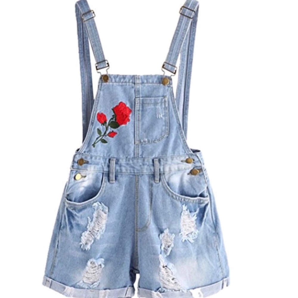 ❤️Cute, distressed, floral appliqué short overalls